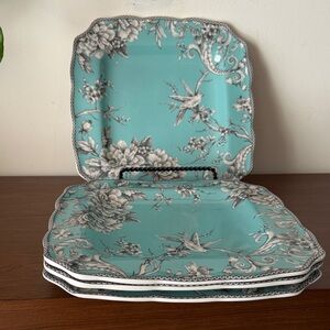 Set/4, 222 Fifth Adelaide Turquoise square porcelain dinner plates